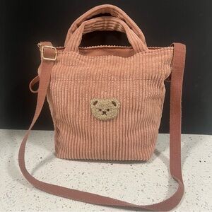LIKE DREAMS KIDS Pink Soft Corduroy Bear Patch Drawstring Tote Bag Double Straps